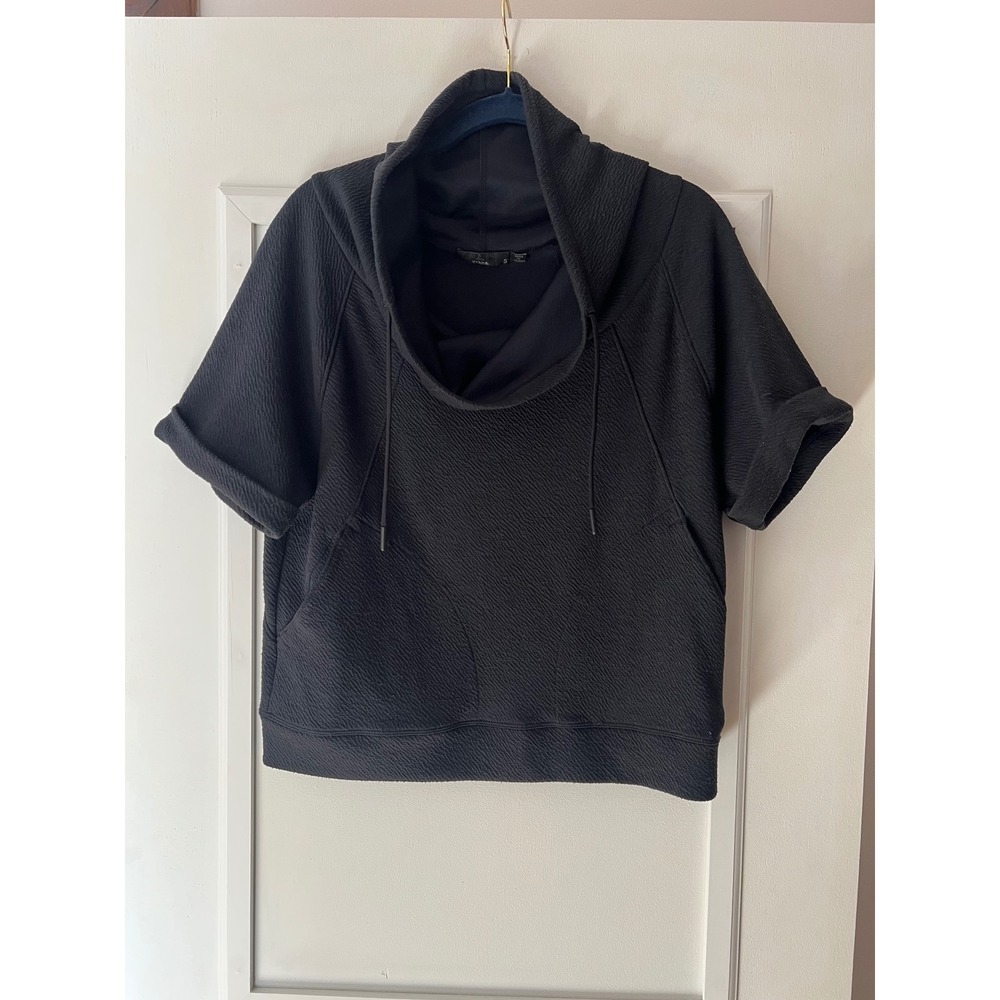 Prana Womens Cowl Neck Short Sleeve Hoodie Black Textured Ripple Pullover S